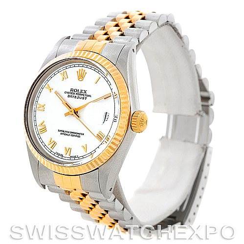 The image shows the Rolex Vintage Collection 16013 Men's Stainless Steel White Dial 16013 Men's Stainless Steel White Dial Datejust model at an angle highlighting the watch face, bezel, case, and two-tone bracelet.