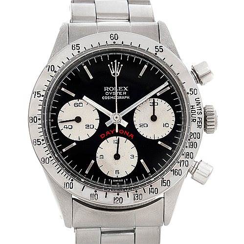The image shows a frontal view of a Vintage Collection Rolex Cosmograph Daytona watch with a black dial and three sub-dials.