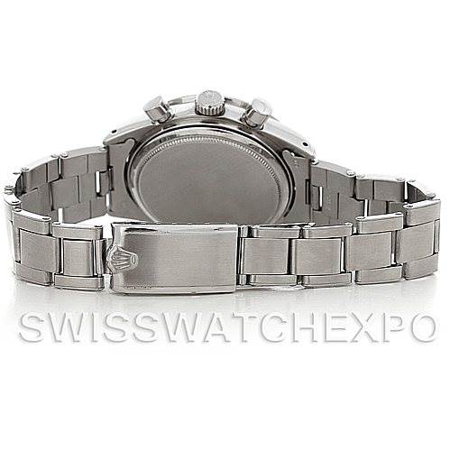 The image shows the back view of a Rolex Vintage Collection 6239 Men's Stainless Steel Black Dial 6239 Men's Stainless Steel Black Dial watch, highlighting the clasp, bracelet, and case back.