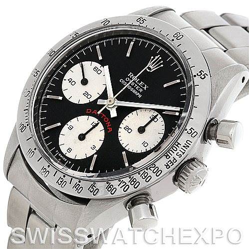 The image shows a Rolex Vintage Collection 6239 Men's Stainless Steel Black Dial 6239 Men's Stainless Steel Black Dial Daytona watch from an angled perspective, highlighting the dial, crown, and pushers.