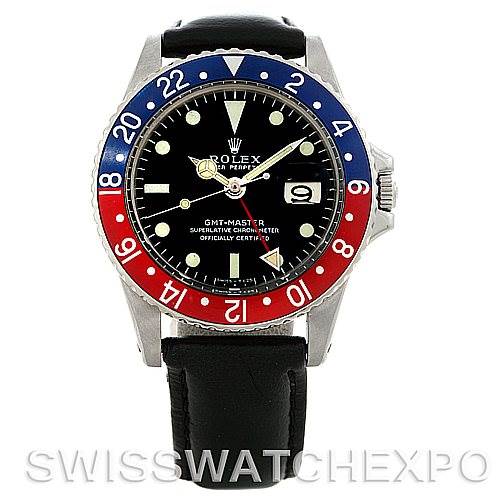 The image shows a front view of a Rolex Vintage Collection 1675 Men's Stainless Steel Black Dial 1675 Men's Stainless Steel Black Dial GMT-Master watch, featuring a black dial, red and blue bezel, and black leather strap.
