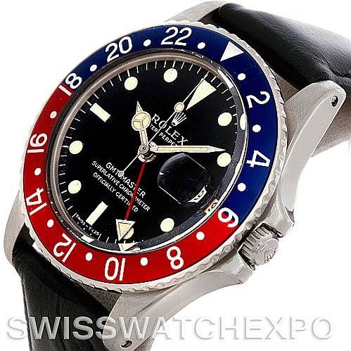 The image shows a side-angle view of the Rolex Vintage Collection 1675 Men's Stainless Steel Black Dial 1675 Men's Stainless Steel Black Dial watch, highlighting the bezel, dial, crown, and part of the strap.