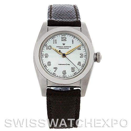 This image shows a front view of the Rolex Vintage Collection 2940 Men's Stainless Steel Silver Dial 2940 Men's Stainless Steel Silver Dial model, featuring its dial, bezel, case, crown, and leather strap.