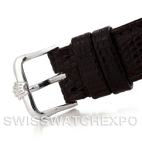 This image shows a close-up of the buckle and part of the leather strap for a Rolex Vintage Collection 2940 Men's Stainless Steel Silver Dial 2940 Men's Stainless Steel Silver Dial watch.