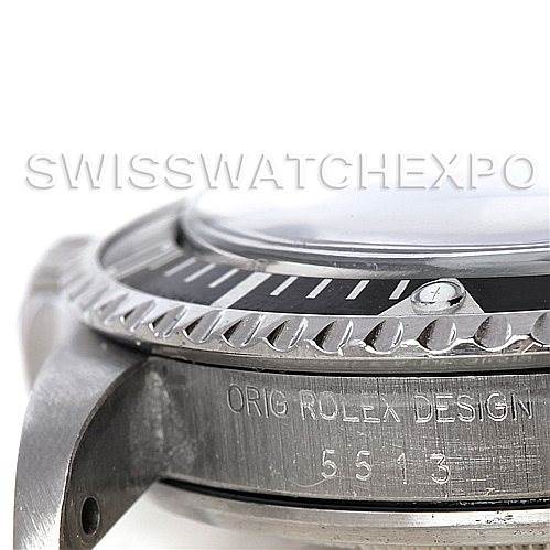 The image shows a close-up angle of the bezel, case, and etched dial of the Rolex Vintage Collection 5513 Men's Stainless Steel Black Dial 5513 Men's Stainless Steel Black Dial model 5513.