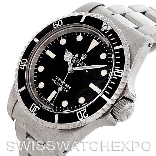 The image shows a close-up angle of the Rolex Vintage Collection 5513 Men's Stainless Steel Black Dial 5513 Men's Stainless Steel Black Dial Submariner watch, focusing on the dial, bezel, crown, and bracelet.