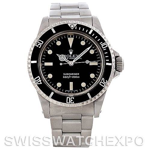 This image shows a front view of a Rolex Vintage Collection 5513 Men's Stainless Steel Black Dial 5513 Men's Stainless Steel Black Dial Submariner watch, displaying the face, bezel, and bracelet.