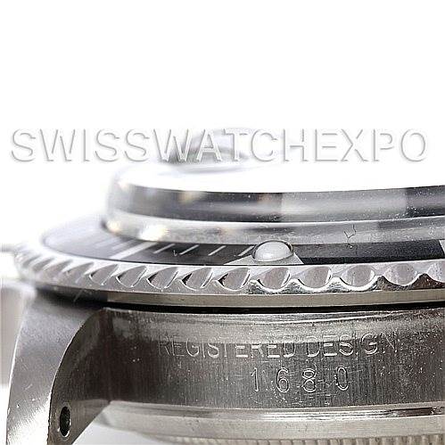 This close-up image shows the side view of a Rolex Vintage Collection 1680 Men's Stainless Steel Black Dial 1680 Men's Stainless Steel Black Dial model 1680, focusing on the watch bezel and case.