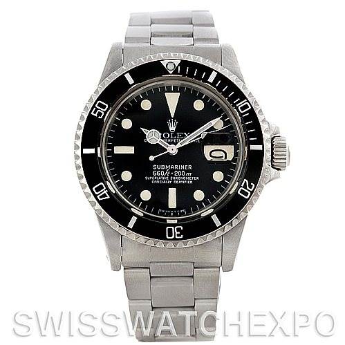 The image shows a front view of a Rolex Vintage Collection 1680 Men's Stainless Steel Black Dial 1680 Men's Stainless Steel Black Dial Submariner watch, highlighting the face, bezel, and bracelet.