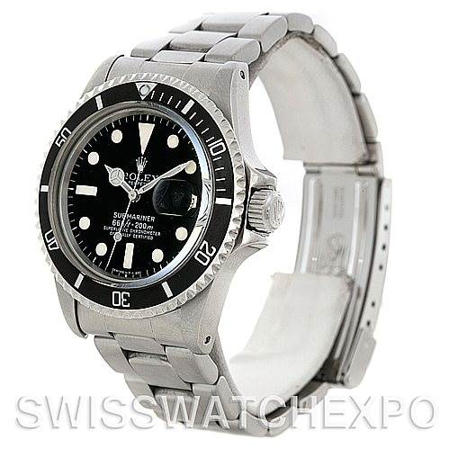 This image shows a side view of the Rolex Vintage Collection 1680 Men's Stainless Steel Black Dial 1680 Men's Stainless Steel Black Dial Submariner watch, highlighting its bezel, dial, and bracelet.