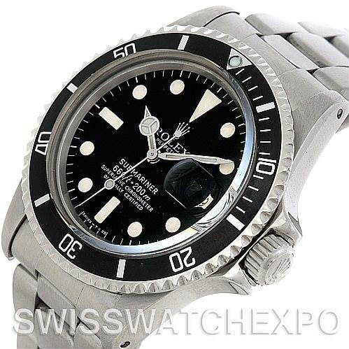 This image shows a close-up angled view of the Rolex Vintage Collection 1680 Men's Stainless Steel Black Dial 1680 Men's Stainless Steel Black Dial Submariner, highlighting its face, bezel, crown, and part of the bracelet.