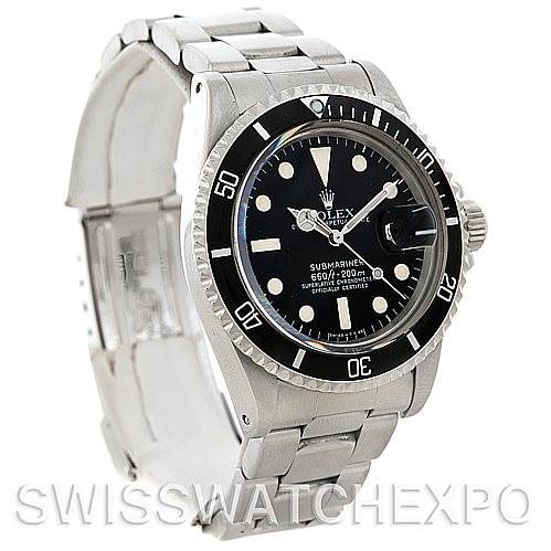 The image shows a side and front angle view of the Rolex Vintage Collection 1680 Men's Stainless Steel Black Dial 1680 Men's Stainless Steel Black Dial Submariner watch, highlighting its face, bezel, and bracelet.