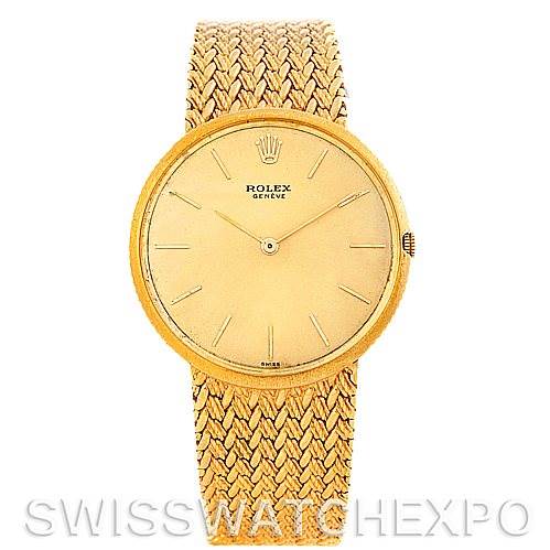The image shows a front view of a Rolex Vintage Collection 9577 Men's Yellow Gold Champagne Dial 9577 Men's Yellow Gold Champagne Dial watch with a gold dial and gold woven bracelet.