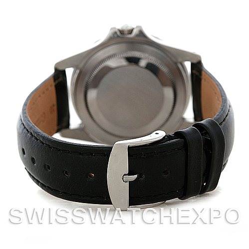 The image shows the back case and black leather strap with a buckle of the Rolex Vintage Collection 1675 Men
s Stainless Steel Black Dial 1675 Men
s Stainless Steel Black Dial model watch.
