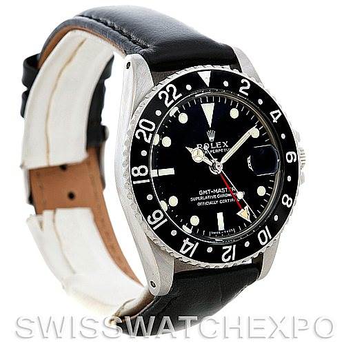 The image displays a side angle of the Rolex GMT-Master Vintage Collection watch, showing the face and band.