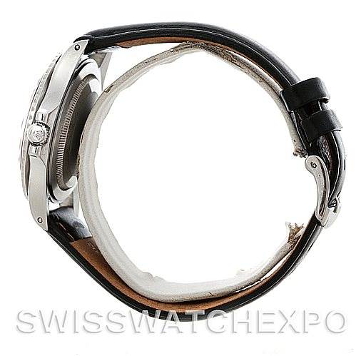 The image shows a side view of the Rolex Vintage Collection 1675 Men
s Stainless Steel Black Dial 1675 Men
s Stainless Steel Black Dial watch, highlighting its case, crown, and leather strap.