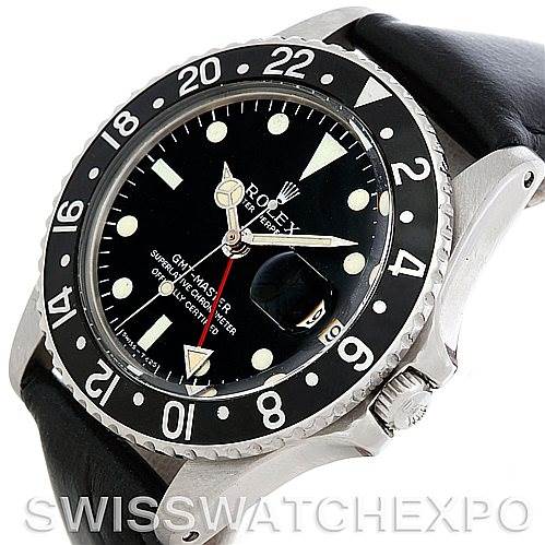 The image displays a Rolex Vintage Collection 1675 Men
s Stainless Steel Black Dial 1675 Men
s Stainless Steel Black Dial watch at an angled side view showcasing its bezel, dial, and part of the strap.
