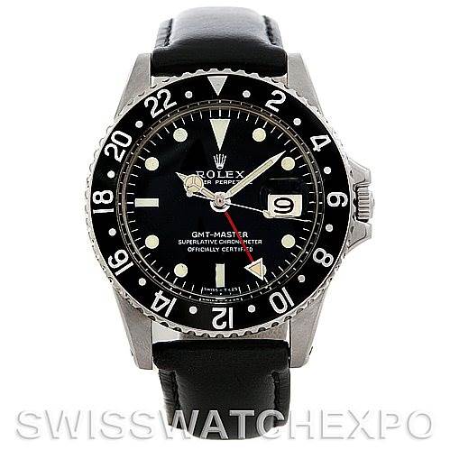 The image shows a front view of the Rolex Vintage Collection 1675 Men
s Stainless Steel Black Dial 1675 Men
s Stainless Steel Black Dial GMT-Master watch, highlighting its bezel, dial, and strap.