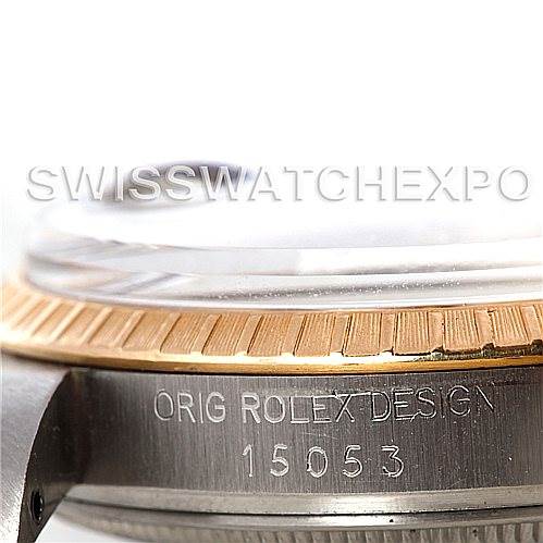 This image shows a close-up view of the side of the bezel and casing of the Rolex Vintage Collection 15053 Men's Stainless Steel Silver Dial 15053 Men's Stainless Steel Silver Dial model, revealing the model number 15053.
