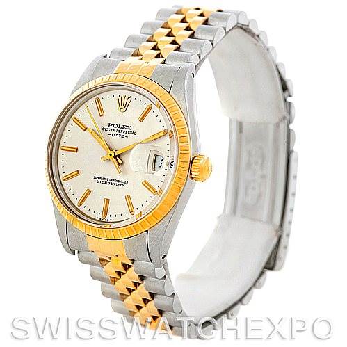 This is a Rolex Vintage Collection 15053 Men's Stainless Steel Silver Dial 15053 Men's Stainless Steel Silver Dial watch showcasing the dial, bezel, and bracelet from a three-quarter angle.
