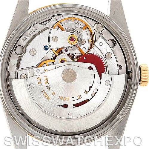 The image shows the back view of the Rolex Vintage Collection 15053 Men's Stainless Steel Silver Dial 15053 Men's Stainless Steel Silver Dial model watch, revealing its internal mechanical parts.