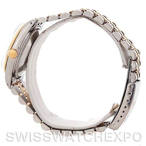 This image shows a side view of a Rolex Vintage Collection 15053 Men's Stainless Steel Silver Dial 15053 Men's Stainless Steel Silver Dial watch, highlighting the case, crown, and bracelet.