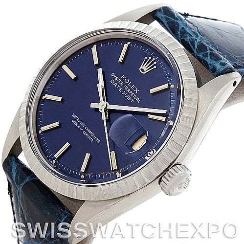 The image shows a side-angle view of the Rolex Vintage Collection 1603 Men's Stainless Steel Blue Dial 1603 Men's Stainless Steel Blue Dial model, featuring a blue dial, date window, and a leather strap.