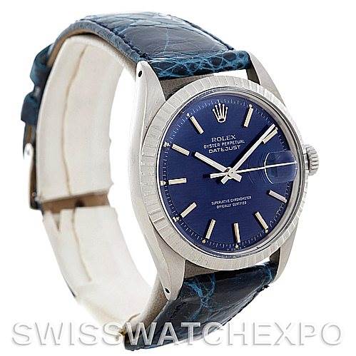 The image showcases a Rolex Vintage Collection 1603 Men's Stainless Steel Blue Dial 1603 Men's Stainless Steel Blue Dial watch model, displaying its face, case, bezel, and leather strap from an angled perspective.