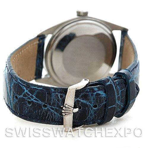 The image shows the back and clasp of the Vintage Collection model watch by Rolex with a blue leather strap.