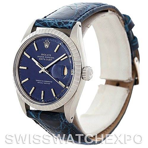 The Rolex Vintage Collection 1603 Men's Stainless Steel Blue Dial 1603 Men's Stainless Steel Blue Dial watch is shown at an angle highlighting the face, bezel, case, and part of the blue leather strap.