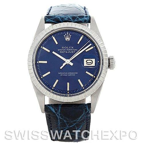 The Rolex Vintage Collection 1603 Men's Stainless Steel Blue Dial 1603 Men's Stainless Steel Blue Dial model is shown from the front, displaying the blue dial, hands, date window, and a blue leather strap.