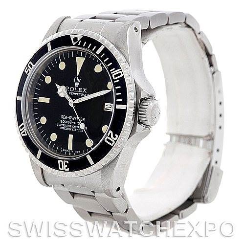 The image shows a Rolex Vintage Collection 1665 Men's Stainless Steel  1665 Men's Stainless Steel  Sea-Dweller watch from an angled side view, highlighting its face, bezel, crown, and bracelet.