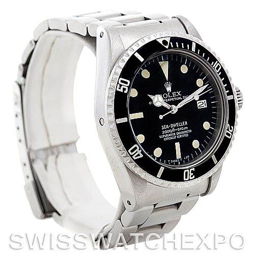 The image shows a Rolex Vintage Collection 1665 Men's Stainless Steel  1665 Men's Stainless Steel  Sea-Dweller watch from an angled side view, highlighting the bezel, dial, and bracelet.