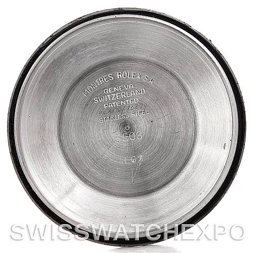 This image shows the interior of the case back of a Rolex Vintage Collection 5508 Men
s Stainless Steel  5508 Men
s Stainless Steel  watch, displaying model information and inscriptions.