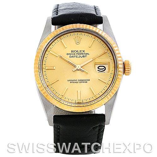 This image shows a frontal view of a Rolex Vintage Collection 16013 Men's Stainless Steel Champagne Dial 16013 Men's Stainless Steel Champagne Dial Datejust watch displaying the dial, bezel, crown, and strap.