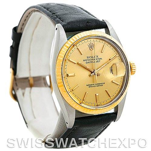 The image shows a Vintage Collection Rolex Datejust watch with a leather strap, viewed from a slight angle above.