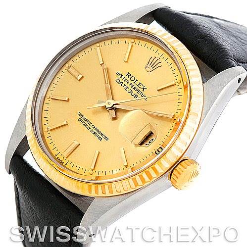 This image shows the Rolex Vintage Collection 16013 Men's Stainless Steel Champagne Dial 16013 Men's Stainless Steel Champagne Dial model from an angled side view, highlighting the watch face, bezel, crown, and part of the strap.