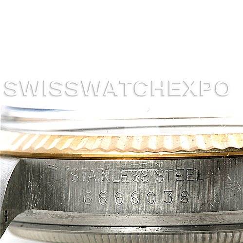 The image shows a close-up of the side of a stainless steel Rolex Vintage Collection 16013 Men's Stainless Steel Champagne Dial 16013 Men's Stainless Steel Champagne Dial watch with its serial number engraved.