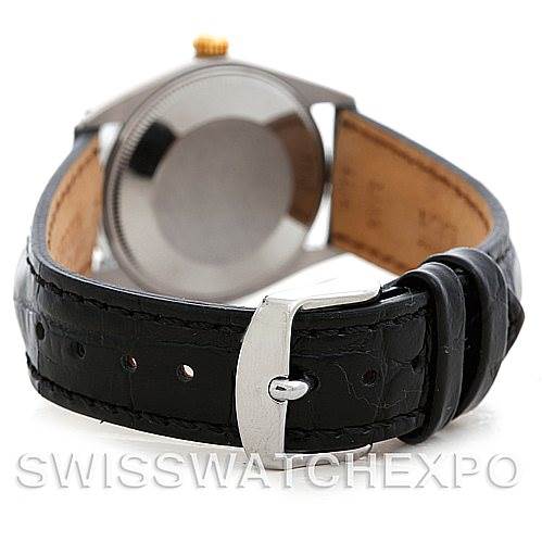 The image shows the back and leather strap of a Rolex Vintage Collection 1002 Men's Steel and Gold (two tone) Silver Dial 1002 Men's Steel and Gold (two tone) Silver Dial watch, focused on the buckle and clasp.