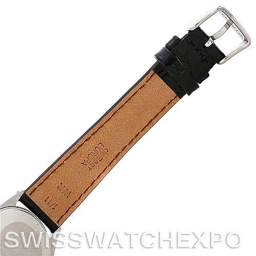 The image shows the underside of the black leather strap of a Rolex Vintage Collection 1002 Men's Steel and Gold (two tone) Silver Dial 1002 Men's Steel and Gold (two tone) Silver Dial watch.