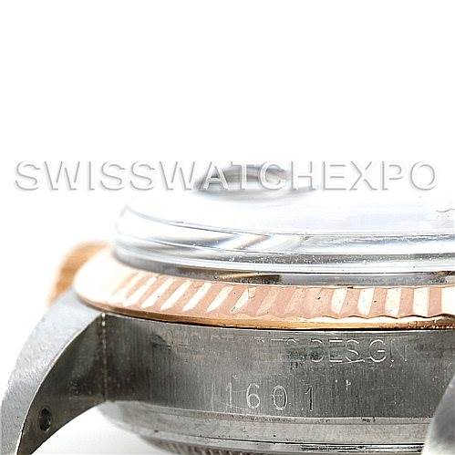 The side view shows the case, bezel, and part of the crystal of a Rolex Vintage Collection 1601 Men's Steel and Gold (two tone) Grey Dial 1601 Men's Steel and Gold (two tone) Grey Dial model, highlighting the engraved model number.