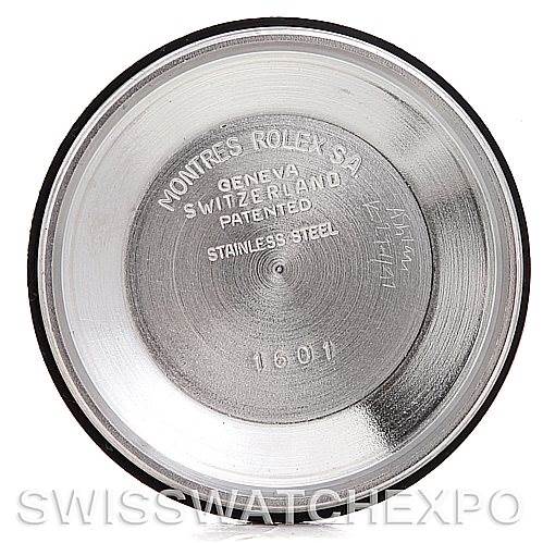 This image shows the inside case back of a Vintage Collection Rolex watch model 1601, made of stainless steel.