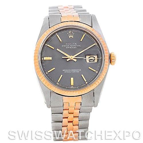 This image shows a front view of a Rolex Vintage Collection 1601 Men's Steel and Gold (two tone) Grey Dial 1601 Men's Steel and Gold (two tone) Grey Dial Datejust watch, highlighting the dial, bezel, and two-tone bracelet.
