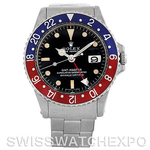 The image shows a front view of the Rolex Vintage Collection 1675 Men's Stainless Steel Black Dial 1675 Men's Stainless Steel Black Dial GMT-Master watch, highlighting its face, bezel, and bracelet.