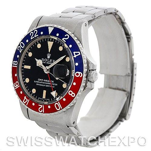 The image shows a side and front angle of a Rolex Vintage Collection 1675 Men's Stainless Steel Black Dial 1675 Men's Stainless Steel Black Dial GMT-Master watch with a blue and red bezel.