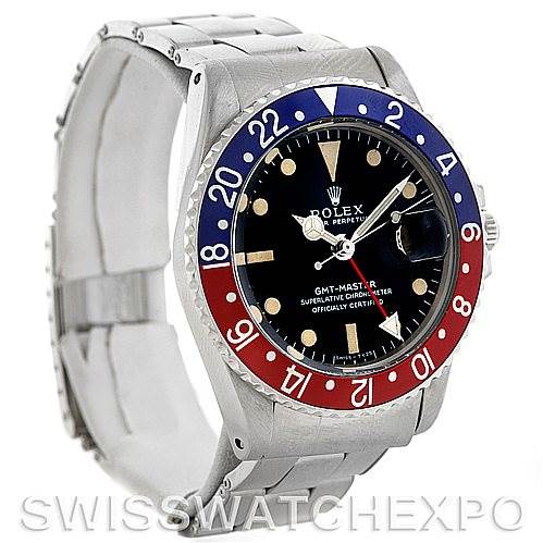 This image shows a Rolex Vintage Collection 1675 Men's Stainless Steel Black Dial 1675 Men's Stainless Steel Black Dial GMT-Master watch, angled to display the face, bezel, and bracelet.