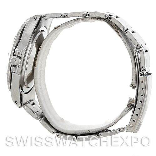 Side view of a Rolex Vintage Collection 1675 Men's Stainless Steel Black Dial 1675 Men's Stainless Steel Black Dial watch showing the bracelet and crown.