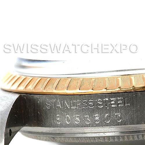 The image shows a close-up side view of the Rolex Vintage Collection 15053 Men's Stainless Steel White Dial 15053 Men's Stainless Steel White Dial watch case, highlighting the engraving and fluted bezel.