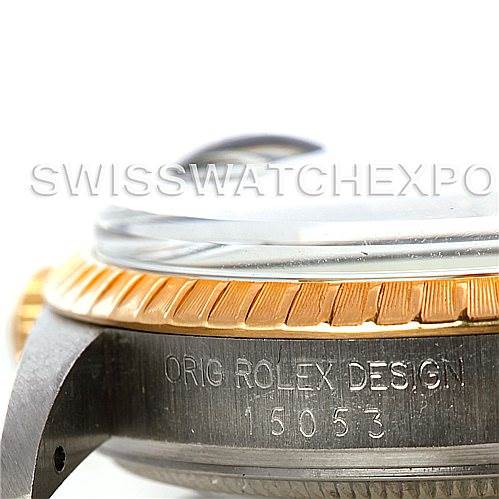 This image shows a close-up side view of the bezel and case edge of the Rolex Vintage Collection 15053 Men's Stainless Steel White Dial 15053 Men's Stainless Steel White Dial model 15053.