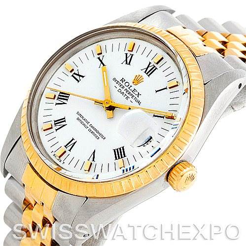 The image shows a front-angle view of a Rolex Vintage Collection 15053 Men's Stainless Steel White Dial 15053 Men's Stainless Steel White Dial watch, highlighting the face, bezel, and part of the bracelet.